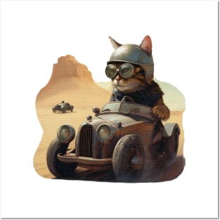 a cat racing a car across the desert Posters and Art